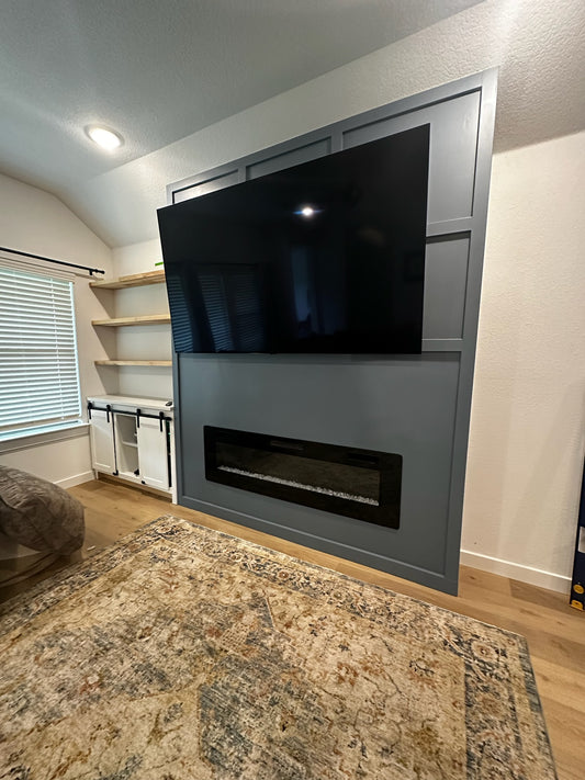 Custom Bump Out with Electric Fireplace, Handmade Shelves & Custom Cabinet