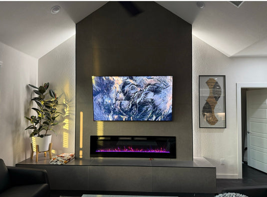 Custom Floor-to-Ceiling Modern Bump Out with Electric Fireplace, Oversized Tile & Handmade Bench
