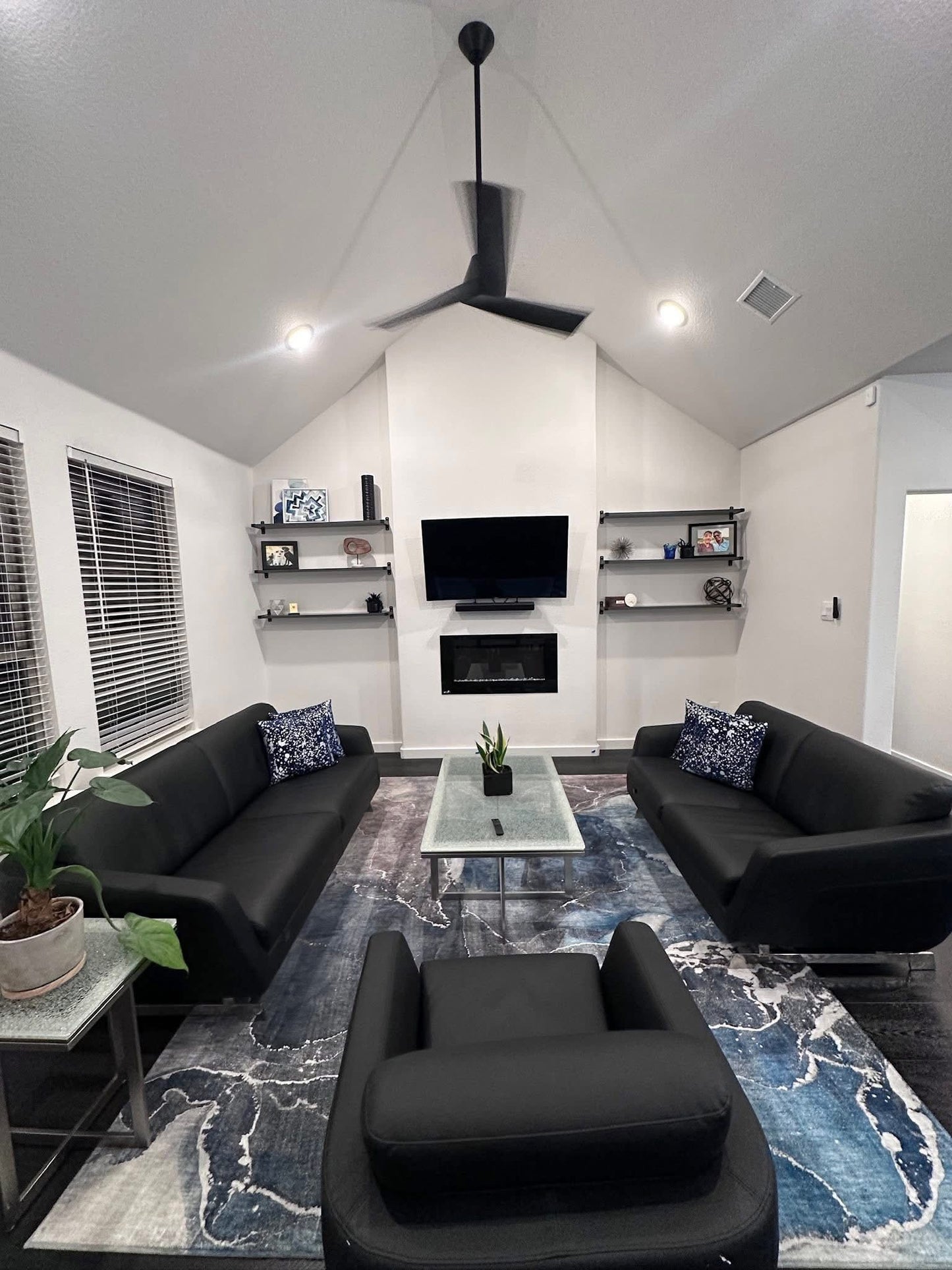 Custom Floor-to-Ceiling Modern Bump Out with Electric Fireplace, Oversized Tile & Handmade Bench