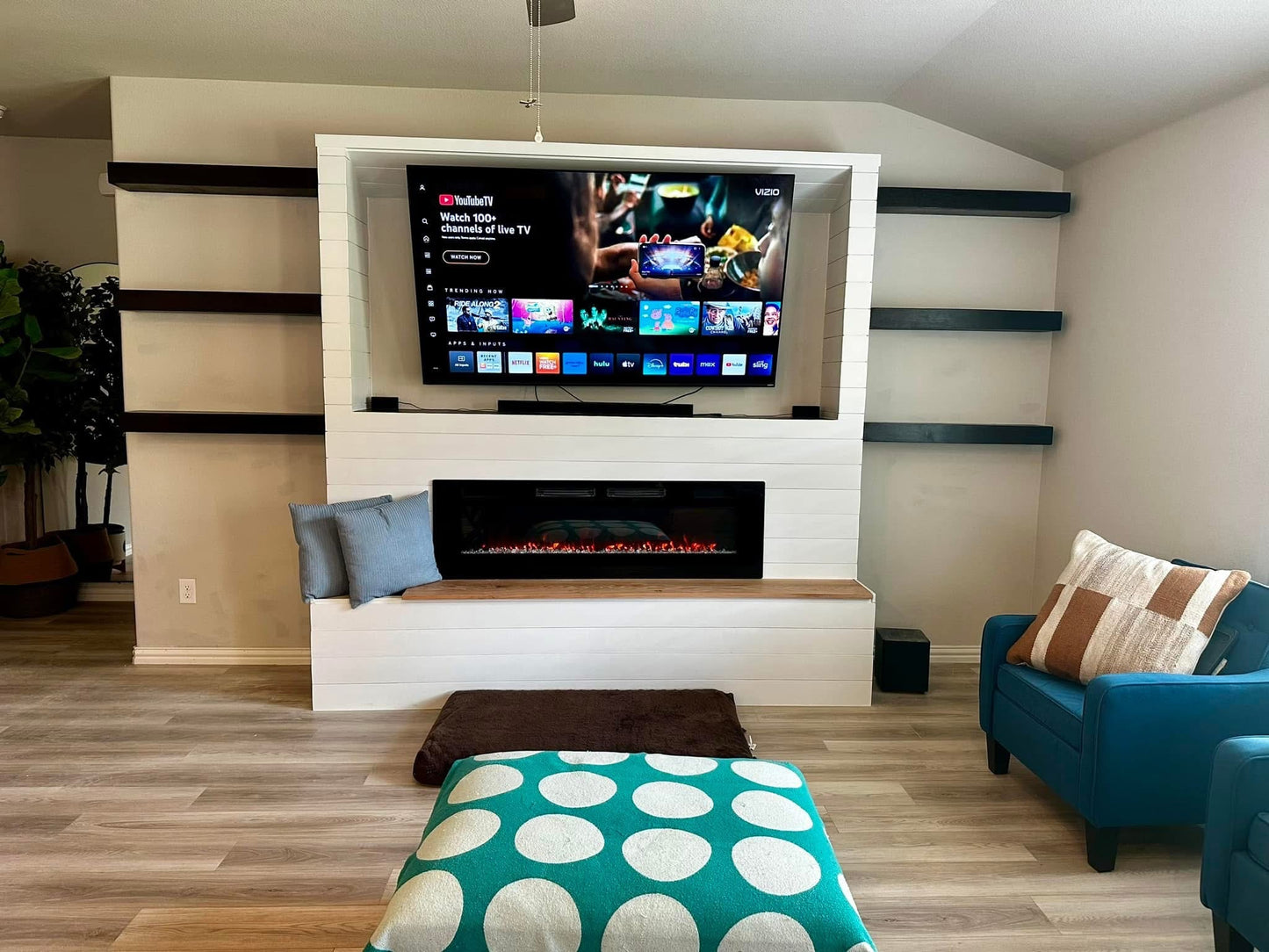 Custom Fireplace Built-Out with Shelving & Bench